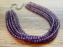 Load image into Gallery viewer, Grape Glass Sparkle Statement Necklace, Chunky 5 Strand Jewelry, purple necklace silver necklace, dark purple eggplant bib necklace