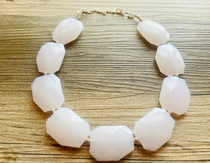 White Big Beaded Statement Necklace, Neutral Statement Jewelry single strand large resin layering bead silver necklace