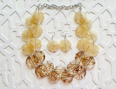 Champagne Crackle & Brown Chunky Statement Necklace, Big beaded jewelry, light brown chunky champagne jewelry, beaded earrings big bead