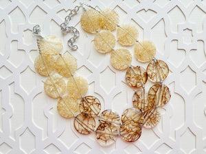 Champagne Crackle & Brown Chunky Statement Necklace, Big beaded jewelry, light brown chunky champagne jewelry, beaded earrings big bead