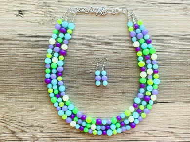 Neon Seascape Statement Necklace, chunky bib beaded jewelry, Summer purple blue green necklace, beaded acrylic jewelry lime aqua