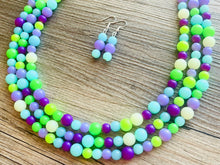 Load image into Gallery viewer, Neon Seascape Statement Necklace, chunky bib beaded jewelry, Summer purple blue green necklace, beaded acrylic jewelry lime aqua