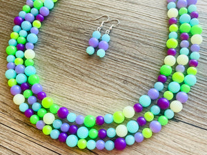 Neon Seascape Statement Necklace, chunky bib beaded jewelry, Summer purple blue green necklace, beaded acrylic jewelry lime aqua