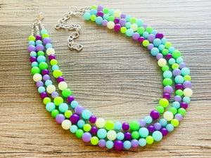 Neon Seascape Statement Necklace, chunky bib beaded jewelry, Summer purple blue green necklace, beaded acrylic jewelry lime aqua