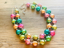 Load image into Gallery viewer, Rainbow Mirror Ball Silver Chain necklace, stunning sparkle shimmer statement bib necklace, 2 strand necklace pink blue green