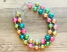 Load image into Gallery viewer, Rainbow Mirror Ball Silver Chain necklace, stunning sparkle shimmer statement bib necklace, 2 strand necklace pink blue green