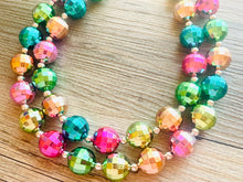 Load image into Gallery viewer, Rainbow Mirror Ball Silver Chain necklace, stunning sparkle shimmer statement bib necklace, 2 strand necklace pink blue green