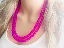 Load image into Gallery viewer, Neon Pink Day Glow 2 Strand Big Beaded Statement Necklace, pink Jewelry set, pink earrings, pink beaded necklace, bridesmaid magenta