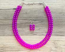 Load image into Gallery viewer, Neon Pink Day Glow 2 Strand Big Beaded Statement Necklace, pink Jewelry set, pink earrings, pink beaded necklace, bridesmaid magenta