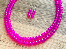 Load image into Gallery viewer, Neon Pink Day Glow 2 Strand Big Beaded Statement Necklace, pink Jewelry set, pink earrings, pink beaded necklace, bridesmaid magenta