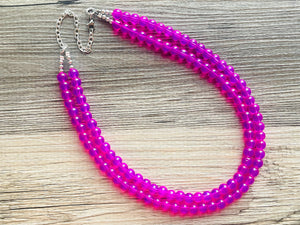 Neon Pink Day Glow 2 Strand Big Beaded Statement Necklace, pink Jewelry set, pink earrings, pink beaded necklace, bridesmaid magenta