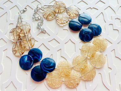 Champagne Crackle Navy Blue & Brown Chunky Statement Necklace, Big beaded jewelry, light brown chunky champagne jewelry, earrings bead