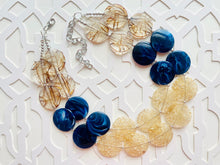 Load image into Gallery viewer, Champagne Crackle Navy Blue &amp; Brown Chunky Statement Necklace, Big beaded jewelry, light brown chunky champagne jewelry, earrings bead