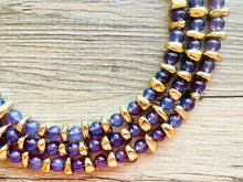 Load image into Gallery viewer, Grape Glass &amp; gold Sparkle Statement Necklace, Chunky 3 Strand Jewelry, purple necklace silver necklace, dark purple eggplant bib necklace