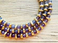 Load image into Gallery viewer, Grape Glass &amp; gold Sparkle Statement Necklace, Chunky 3 Strand Jewelry, purple necklace silver necklace, dark purple eggplant bib necklace