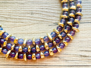 Grape Glass & gold Sparkle Statement Necklace, Chunky 3 Strand Jewelry, purple necklace silver necklace, dark purple eggplant bib necklace