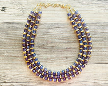 Load image into Gallery viewer, Grape Glass &amp; gold Sparkle Statement Necklace, Chunky 3 Strand Jewelry, purple necklace silver necklace, dark purple eggplant bib necklace