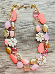 Love & Light Statement Necklace, chunky bib beaded jewelry, Rainbow jewelry, coral peach gold acrylic jewelry pink resin