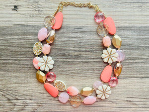 Love & Light Statement Necklace, chunky bib beaded jewelry, Rainbow jewelry, coral peach gold acrylic jewelry pink resin