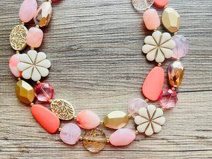 Love & Light Statement Necklace, chunky bib beaded jewelry, Rainbow jewelry, coral peach gold acrylic jewelry pink resin