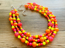 Load image into Gallery viewer, Buzzing Like Neon Statement Necklace, chunky bib beaded jewelry, Summer pink yellow orange necklace, beaded acrylic jewelry hot pink