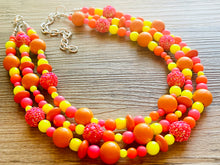 Load image into Gallery viewer, Buzzing Like Neon Statement Necklace, chunky bib beaded jewelry, Summer pink yellow orange necklace, beaded acrylic jewelry hot pink
