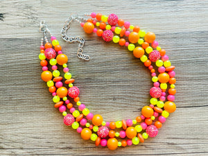 Buzzing Like Neon Statement Necklace, chunky bib beaded jewelry, Summer pink yellow orange necklace, beaded acrylic jewelry hot pink