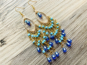 Gold & Blue Flutter Beaded Tassel statement earrings, metal jewelry, gold geometric earrings pierced dangle drop chunky