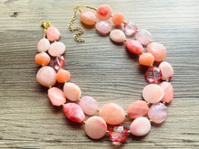 Load image into Gallery viewer, Peach Bellini Double Layer Statement Necklace , chunky silver jewelry, 2 strand pink peach jewelry, Statement Necklace gold beaded