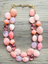 Load image into Gallery viewer, Peach Bellini Double Layer Statement Necklace , chunky silver jewelry, 2 strand pink peach jewelry, Statement Necklace gold beaded