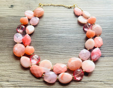 Load image into Gallery viewer, Peach Bellini Double Layer Statement Necklace , chunky silver jewelry, 2 strand pink peach jewelry, Statement Necklace gold beaded