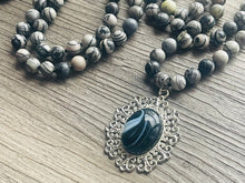 Load image into Gallery viewer, GemStone Chunky Statement Necklace, black Speckled agate gemstone necklace, long gem jewelry beaded metallic, silver jewelry pendant long