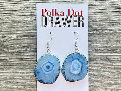 Royal Blue & Silver Agate Slice drop bead earrings, blue beaded statement earrings, dark blue jewelry, blue geometric earrings