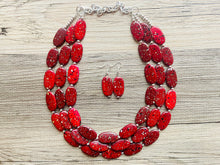 Load image into Gallery viewer, Paint splatter red Necklace, 3 Strand Statement Jewelry, maroon Chunky bib bridesmaid everyday bubble jewelry earrings dark red