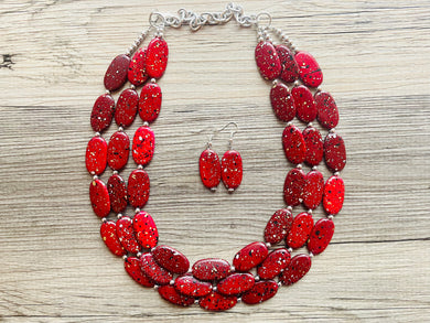 Paint splatter red Necklace, 3 Strand Statement Jewelry, maroon Chunky bib bridesmaid everyday bubble jewelry earrings dark red