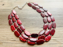 Load image into Gallery viewer, Paint splatter red Necklace, 3 Strand Statement Jewelry, maroon Chunky bib bridesmaid everyday bubble jewelry earrings dark red