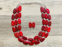 Load image into Gallery viewer, Paint splatter red Necklace, 3 Strand Statement Jewelry, maroon Chunky bib bridesmaid everyday bubble jewelry earrings dark red