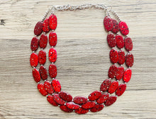 Load image into Gallery viewer, Paint splatter red Necklace, 3 Strand Statement Jewelry, maroon Chunky bib bridesmaid everyday bubble jewelry earrings dark red