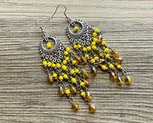 Load image into Gallery viewer, Yellow &amp; Silver Flutter Beaded Tassel statement earrings, metal jewelry, marigold geometric earrings pierced dangle drop chunky