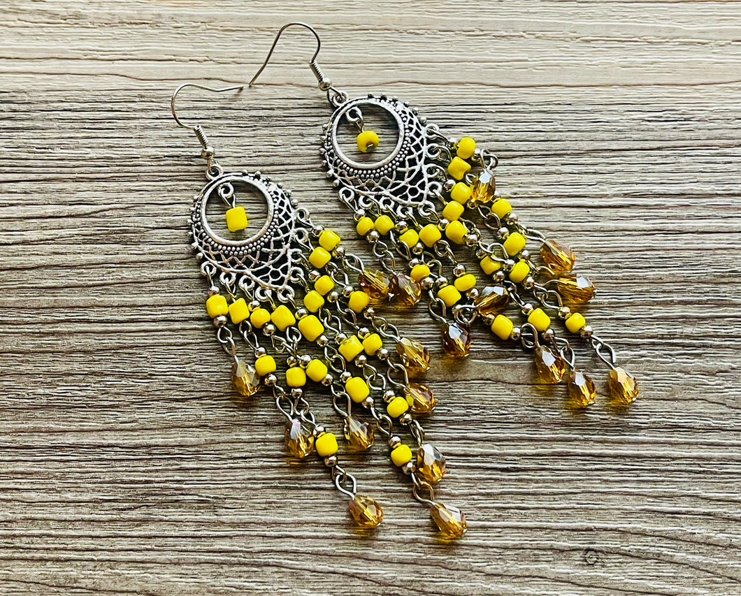 Yellow & Silver Flutter Beaded Tassel statement earrings, metal jewelry, marigold geometric earrings pierced dangle drop chunky