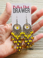 Load image into Gallery viewer, Yellow &amp; Silver Flutter Beaded Tassel statement earrings, metal jewelry, marigold geometric earrings pierced dangle drop chunky