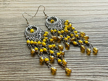 Load image into Gallery viewer, Yellow &amp; Silver Flutter Beaded Tassel statement earrings, metal jewelry, marigold geometric earrings pierced dangle drop chunky