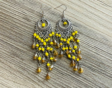 Load image into Gallery viewer, Yellow &amp; Silver Flutter Beaded Tassel statement earrings, metal jewelry, marigold geometric earrings pierced dangle drop chunky