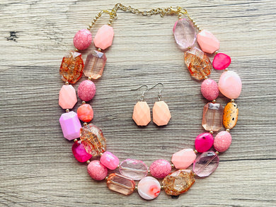 Palm Beach Peach Double Layer Statement Necklace, chunky silver jewelry, 2 strand pink orange jewelry, Statement Necklace gold beaded