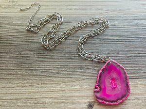 GemStone Chunky Statement Necklace, hot pink agate slice necklace, long gem jewelry, beaded necklace, agate jewelry pendant long