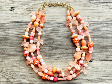 Coral Carnival Statement Necklace, chunky bib beaded jewelry, orange & pink necklace, beaded acrylic jewelry peach orange collar