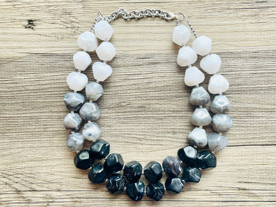 Black White & Gray Big Bead Necklace, Statement Jewelry, neutral silver Chunky bib, bridesmaids necklace, wedding necklace, bridal