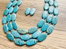 Load image into Gallery viewer, Paint splatter Blue Necklace, 3 Strand Statement Jewelry, aqua teal Chunky bib bridesmaid everyday bubble jewelry earrings