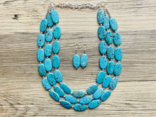 Load image into Gallery viewer, Paint splatter Blue Necklace, 3 Strand Statement Jewelry, aqua teal Chunky bib bridesmaid everyday bubble jewelry earrings
