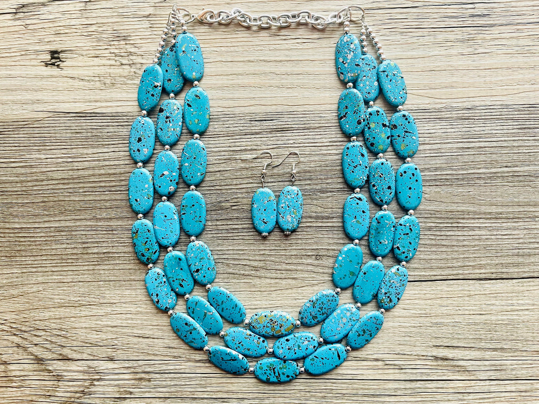Paint splatter Blue Necklace, 3 Strand Statement Jewelry, aqua teal Chunky bib bridesmaid everyday bubble jewelry earrings